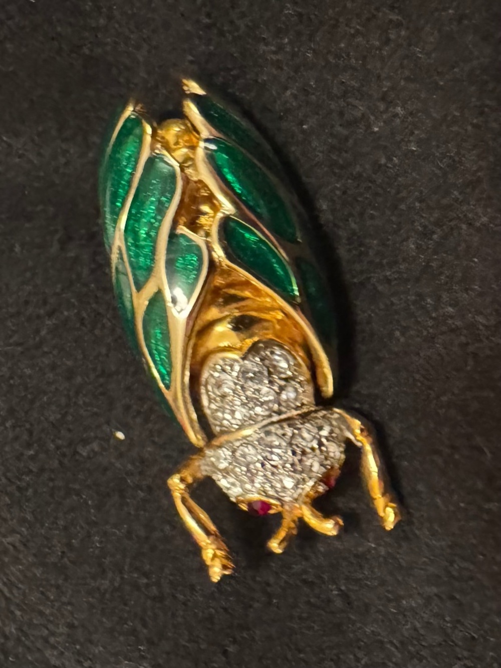 Vintage Kenneth Jay Lane Green Enamel Rhinestone Cicada Pin